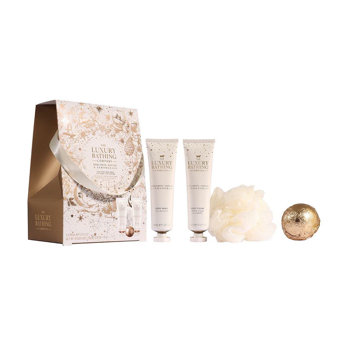 Набір Grace Cole The Luxury Bathing Bergamot, Ginger &amp; Lemongrass (гель для душу, 100 мл + крем для тіла, 100 мл + бомба, 25 г + мочалка, 1 шт)