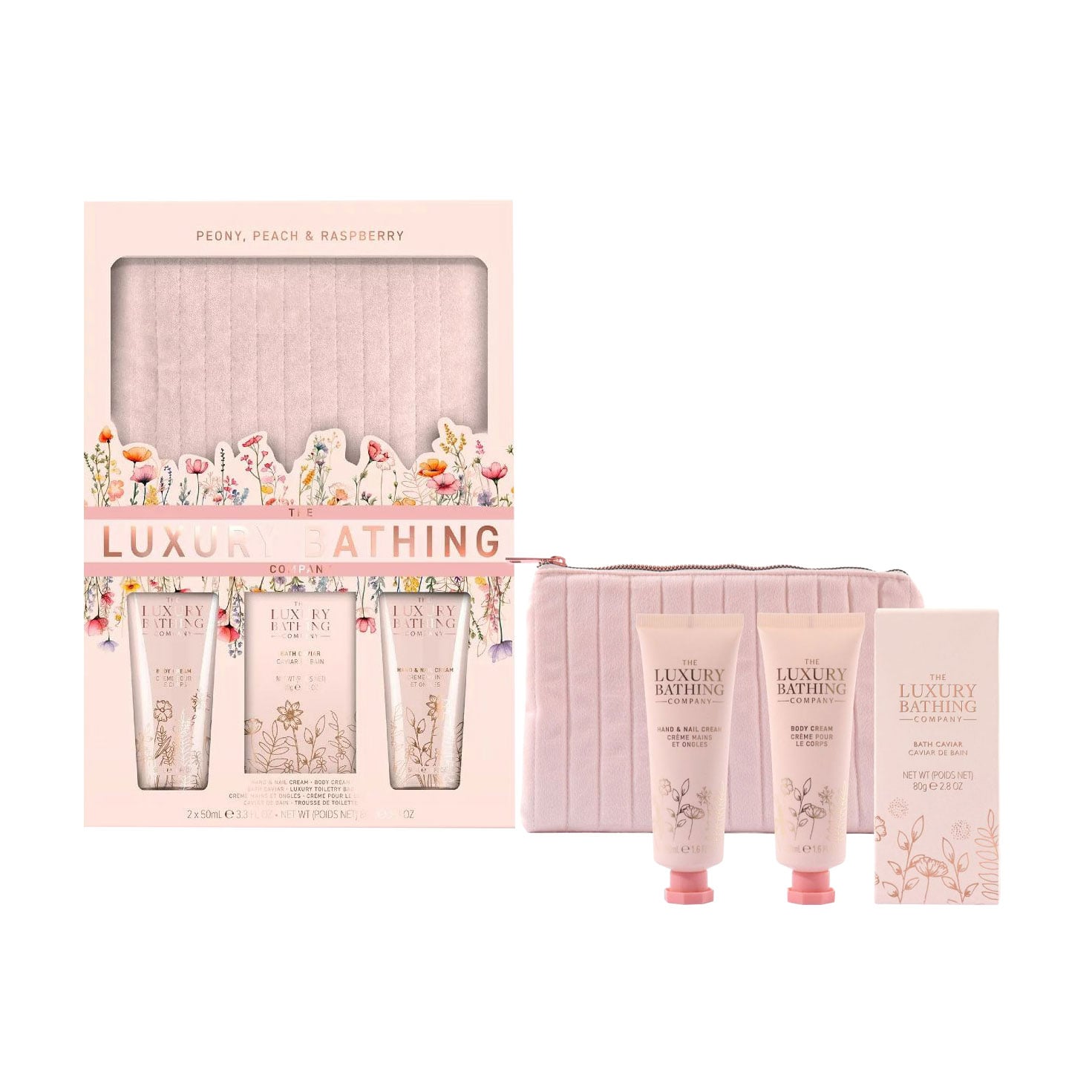 Набір Grace Cole The Luxury Bathing Peony, Peach &amp; Raspberry Calm &amp; Comfort (крем, 50 мл + крем, 50 мл + перлини для ванни, 80 г + косметичка)